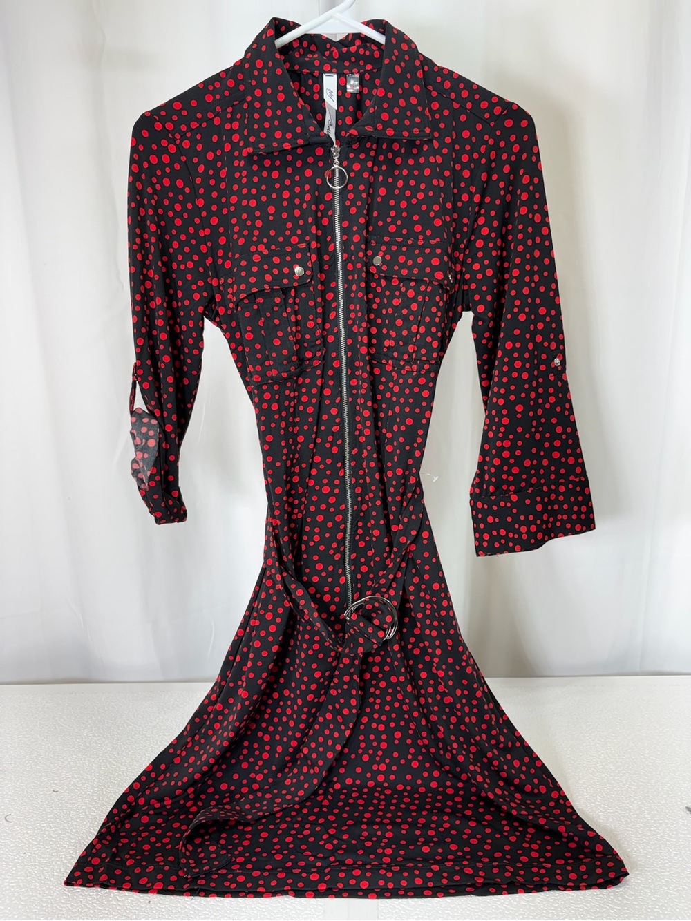NY Collection Black Midi Dress with Red Dot Print and Front Zip 4248
